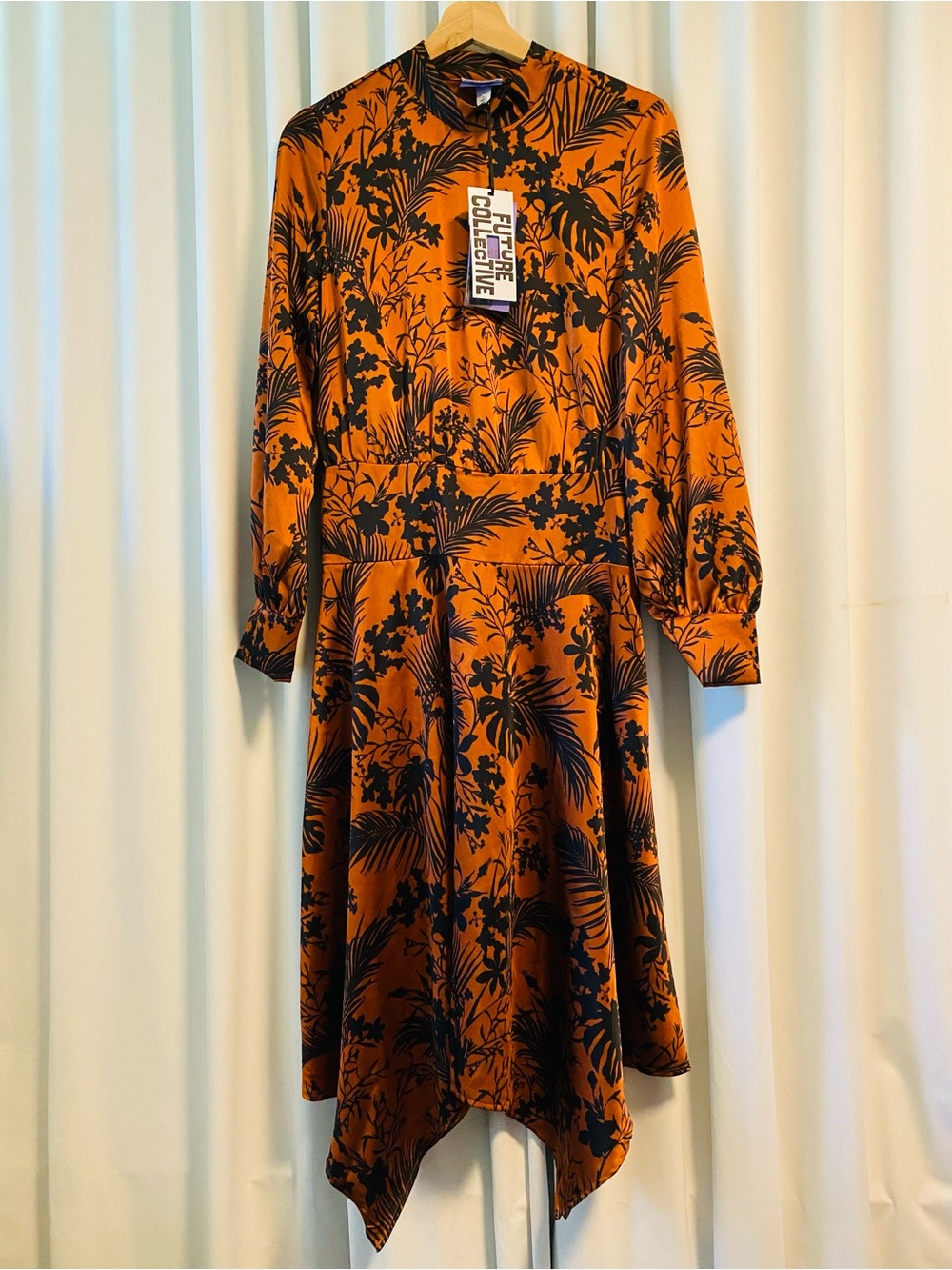 Future Collective Orange Botanical Long-Sleeve Midi Dress, Size M, NWT